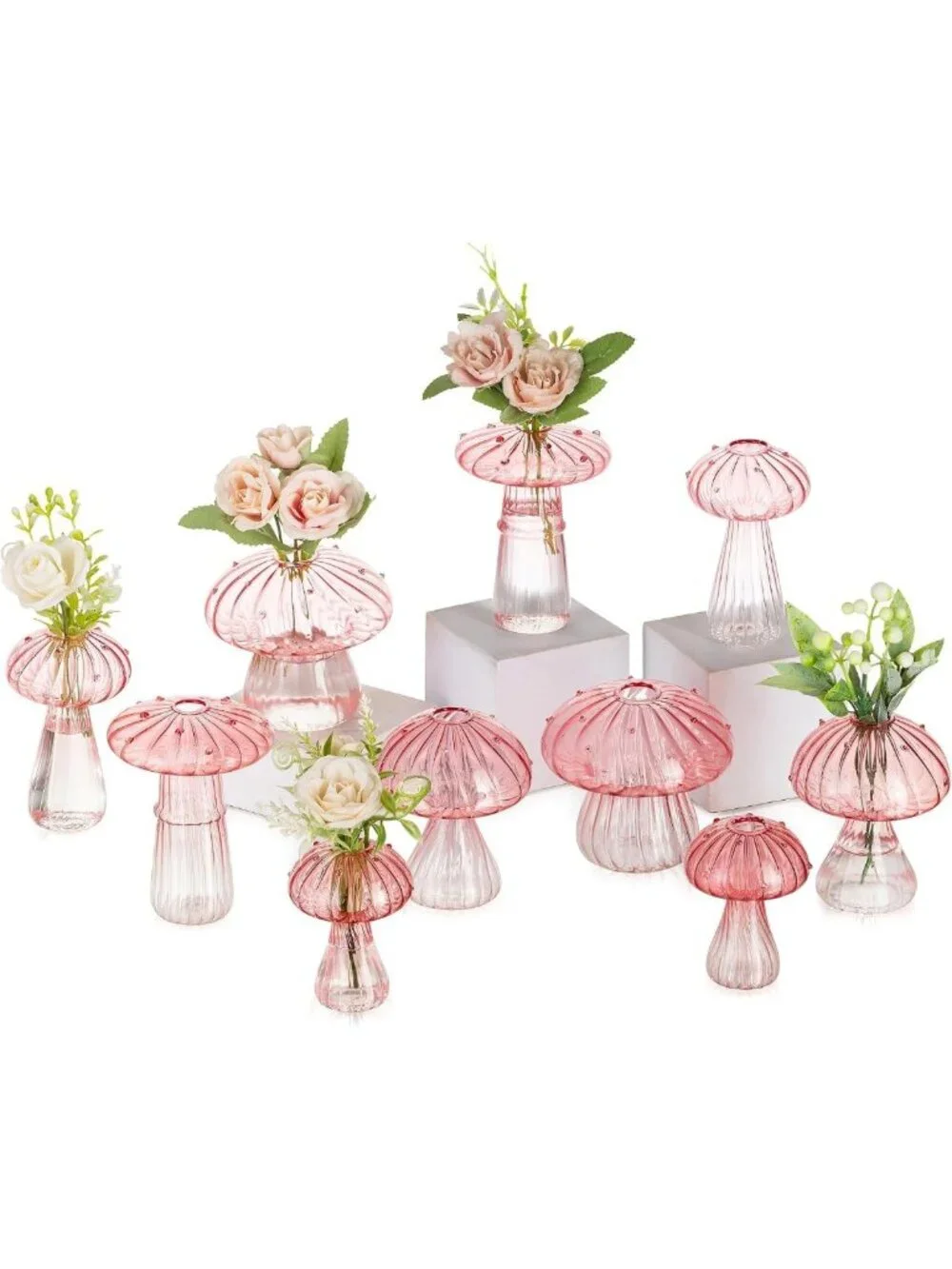10 Pink Glass Mushroom Vases for Flowers - Stylish Home Decor & Centerpieces